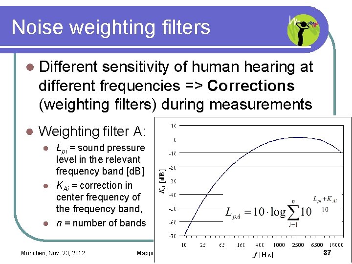 Noise weighting filters l Different sensitivity of human hearing at different frequencies => Corrections