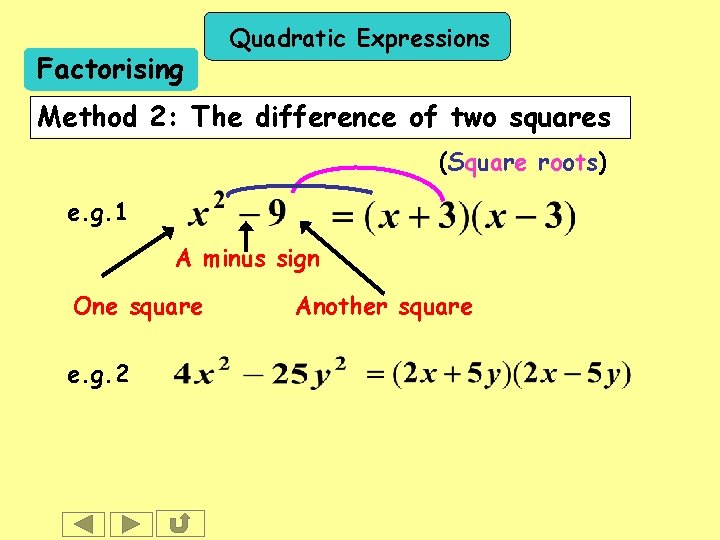 Factorising Quadratic Expressions Method 2: The difference of two squares (Square roots) e. g.