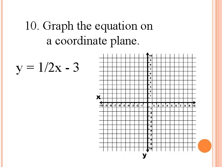 10. Graph the equation on a coordinate plane. y = 1/2 x - 3