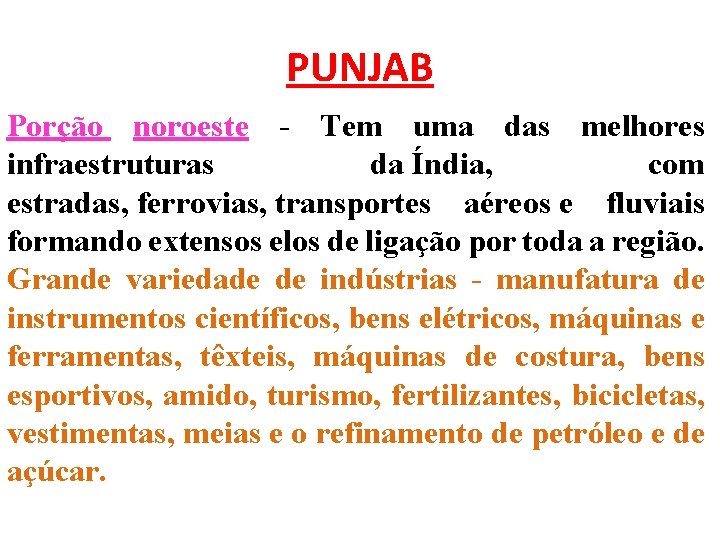 PUNJAB Porção noroeste - Tem uma das melhores infraestruturas da Índia, com estradas, ferrovias,