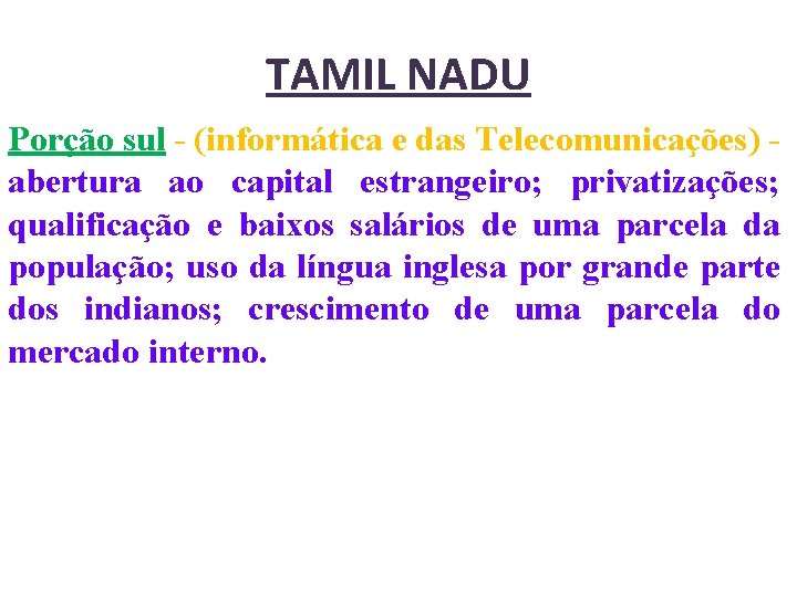 TAMIL NADU Porção sul - (informática e das Telecomunicações) abertura ao capital estrangeiro; privatizações;