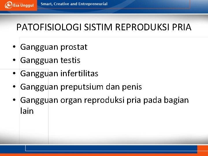 PATOFISIOLOGI SISTIM REPRODUKSI PRIA • • • Gangguan prostat Gangguan testis Gangguan infertilitas Gangguan