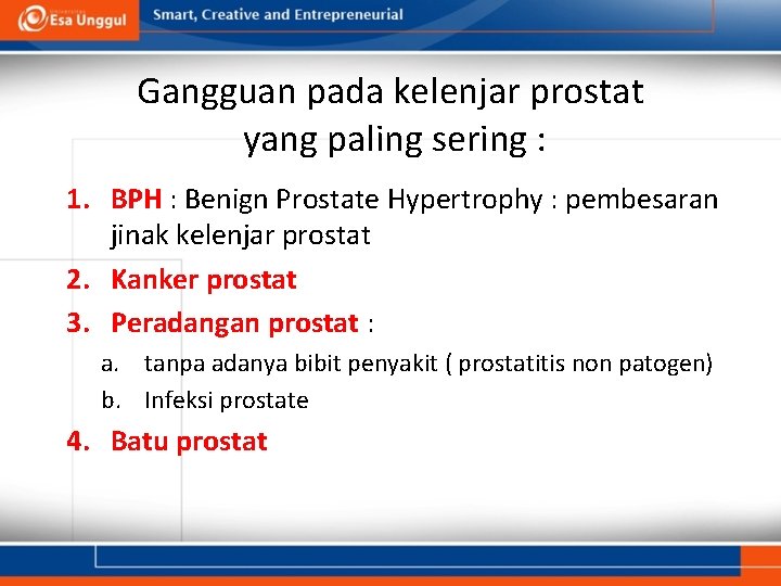 Gangguan pada kelenjar prostat yang paling sering : 1. BPH : Benign Prostate Hypertrophy