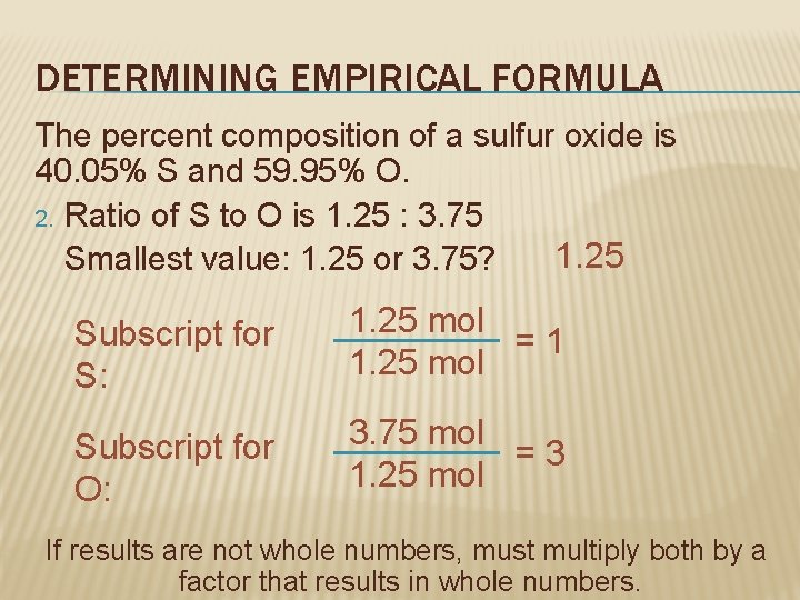 DETERMINING EMPIRICAL FORMULA The percent composition of a sulfur oxide is 40. 05% S