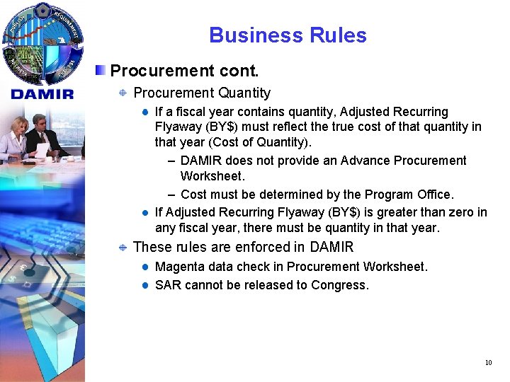 Business Rules Procurement cont. Procurement Quantity If a fiscal year contains quantity, Adjusted Recurring