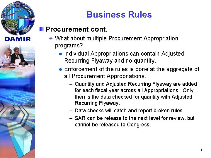 Business Rules Procurement cont. What about multiple Procurement Appropriation programs? Individual Appropriations can contain