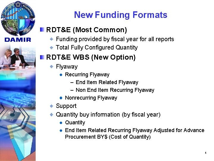 New Funding Formats RDT&E (Most Common) Funding provided by fiscal year for all reports