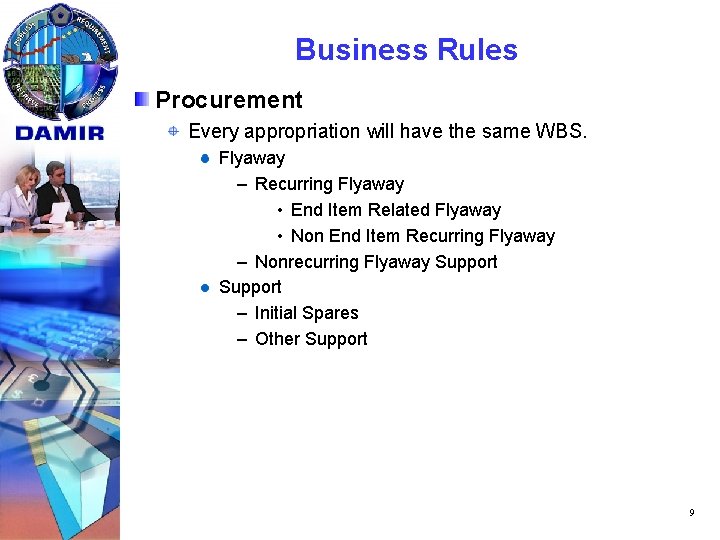 Business Rules Procurement Every appropriation will have the same WBS. Flyaway – Recurring Flyaway