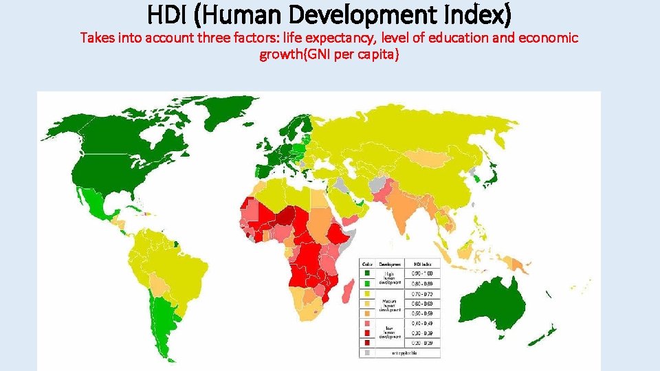 HDI (Human Development Index) Takes into account three factors: life expectancy, level of education