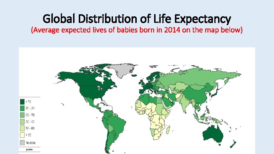 Global Distribution of Life Expectancy (Average expected lives of babies born in 2014 on