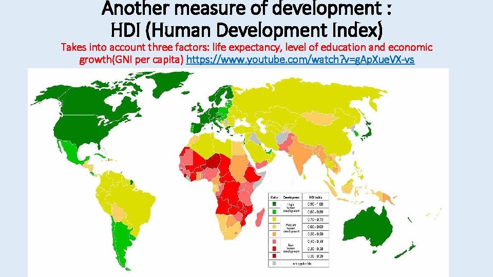 Another measure of development : HDI (Human Development Index) Takes into account three factors: