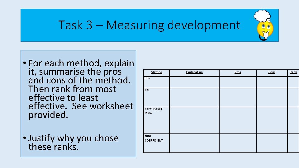 Task 3 – Measuring development • For each method, explain it, summarise the pros