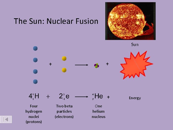 The Sun: Nuclear Fusion Sun + + + Four hydrogen nuclei (protons) Two beta