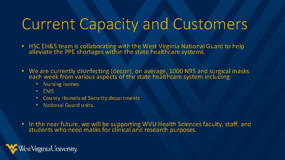 Current Capacity and Customers • HSC EH&S team is collaborating with the West Virginia