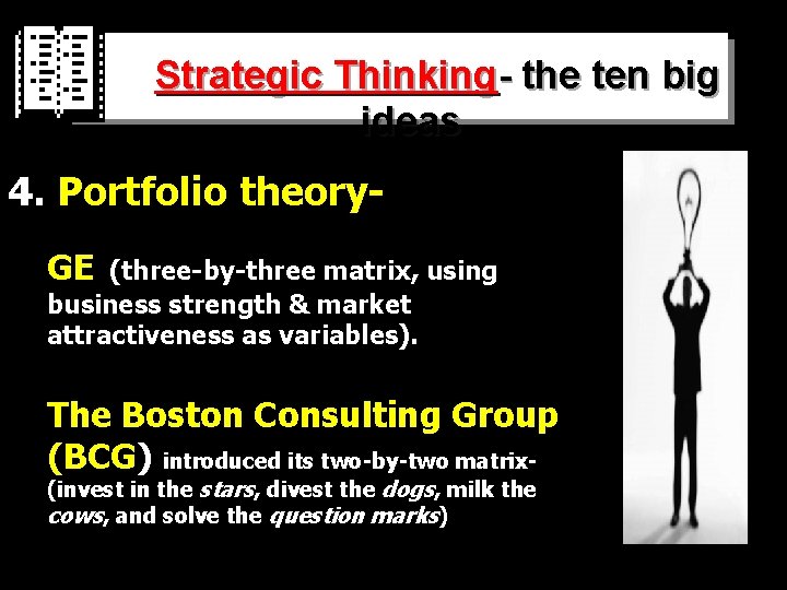 Strategic Thinking- the ten big ideas 4. Portfolio theory. GE-(three-by-three matrix, using business strength