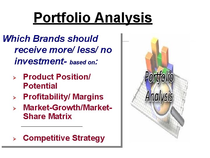 Portfolio Analysis Which Brands should receive more/ less/ no investment- based on: Ø Ø