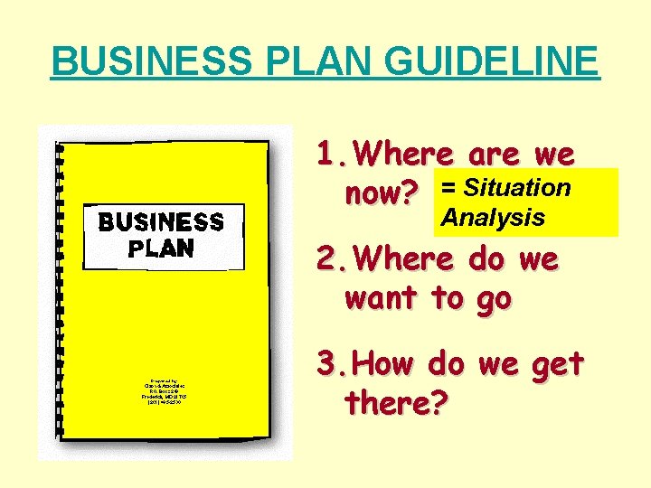 BUSINESS PLAN GUIDELINE 1. Where are we now? = Situation Analysis 2. Where do