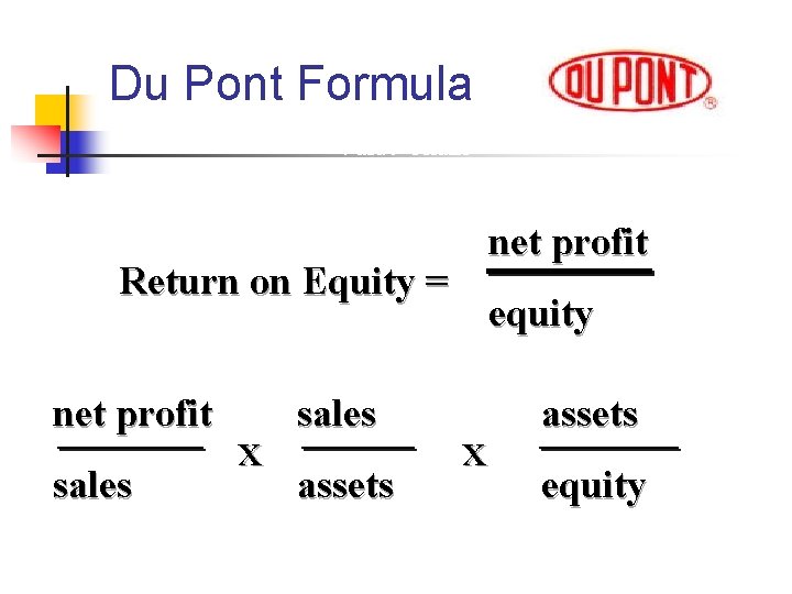 Du Pont Formula Value Chain net profit Return on Equity = net profit sales