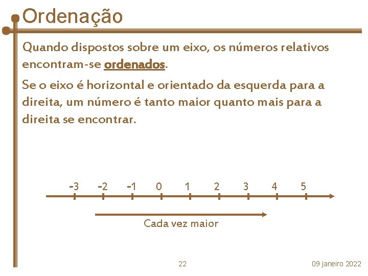 Ordenação Quando dispostos sobre um eixo, os números relativos encontram-se ordenados. Se o eixo