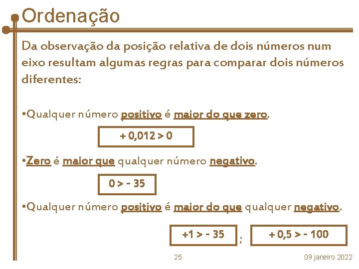 Ordenação Da observação da posição relativa de dois números num eixo resultam algumas regras