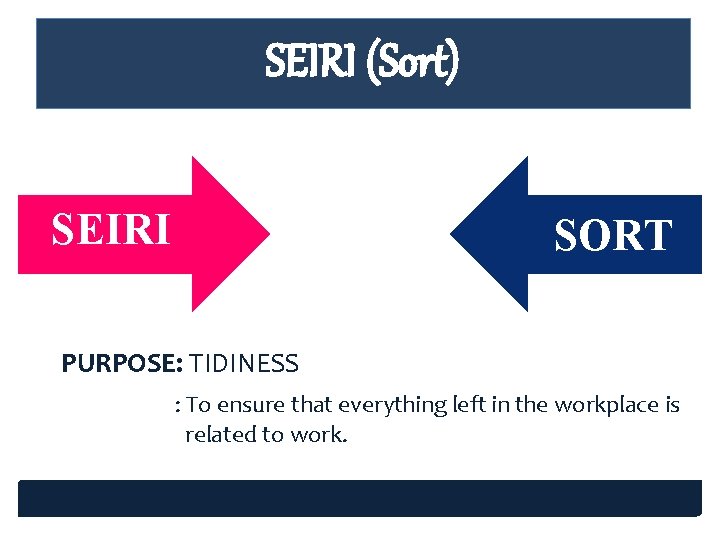 SEIRI (Sort) SEIRI SORT PURPOSE: TIDINESS : To ensure that everything left in the SEIRI (Sort) SEIRI SORT PURPOSE: TIDINESS : To ensure that everything left in the