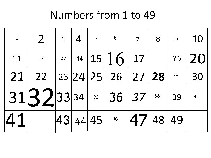 Numbers from 1 to 49 1 2 3 4 5 6 7 11 12 Numbers from 1 to 49 1 2 3 4 5 6 7 11 12