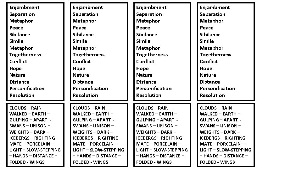 Enjambment Separation Metaphor Peace Sibilance Simile Metaphor Togetherness Conflict Hope Nature Distance Personification Resolution