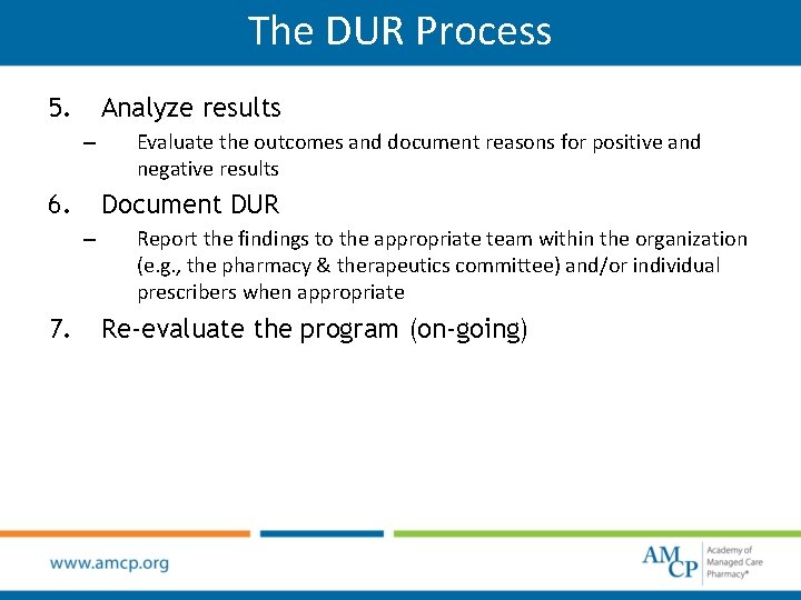 The DUR Process 5. Analyze results – 6. Document DUR – 7. Evaluate the