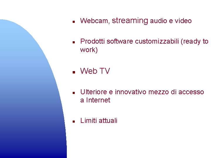 n n n Webcam, streaming audio e video Prodotti software customizzabili (ready to work)