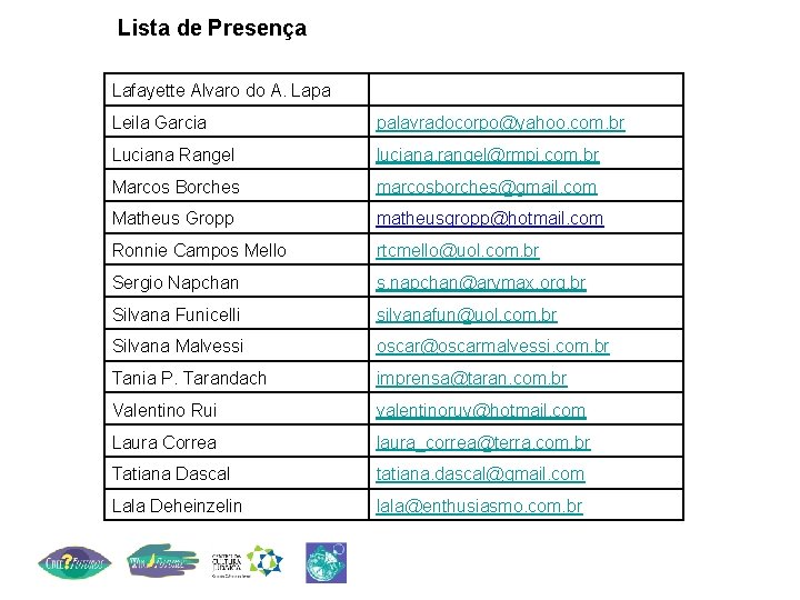 Lista de Presença Lafayette Alvaro do A. Lapa Leila Garcia palavradocorpo@yahoo. com. br Luciana