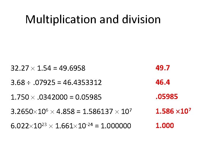 Multiplication and division 32. 27 1. 54 = 49. 6958 49. 7 3. 68