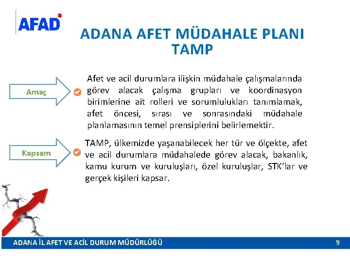 ADANA AFET MÜDAHALE PLANI TAMP Amaç Kapsam Afet ve acil durumlara ilişkin müdahale çalışmalarında