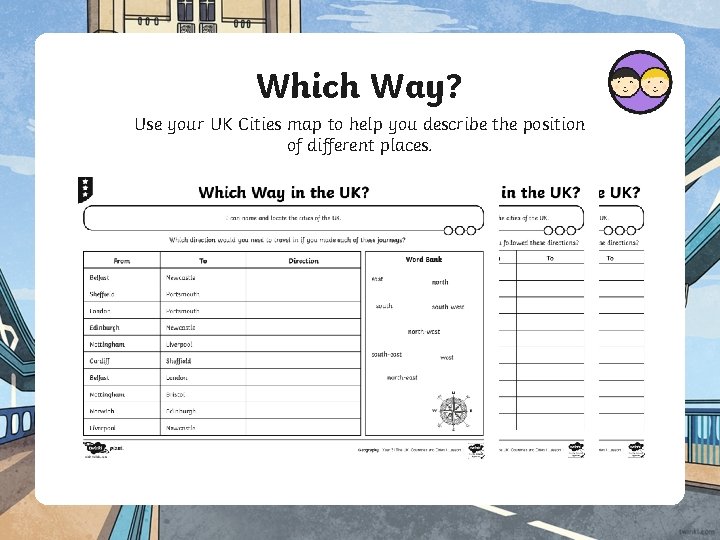 Which Way? Use your UK Cities map to help you describe the position of