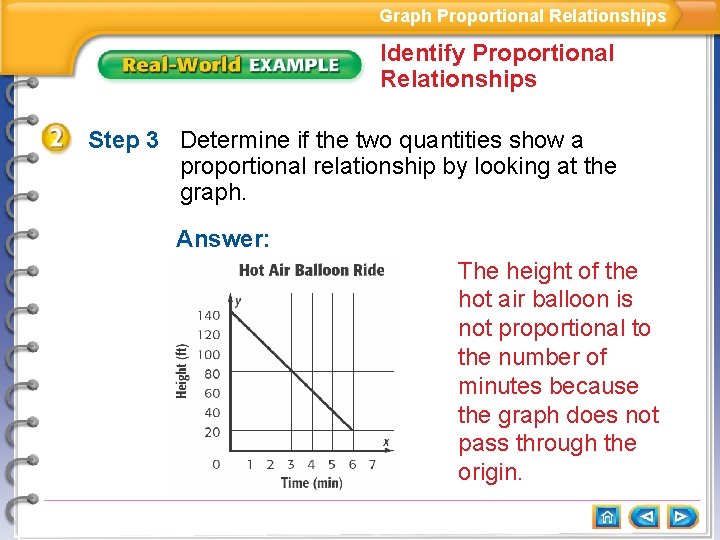 Graph Proportional Relationships Identify Proportional Relationships Step 3 Determine if the two quantities show