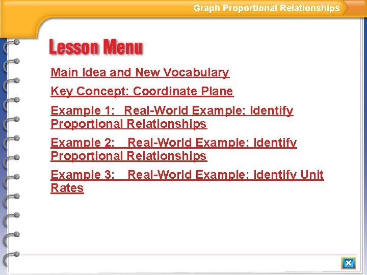 Graph Proportional Relationships Main Idea and New Vocabulary Key Concept: Coordinate Plane Example 1: