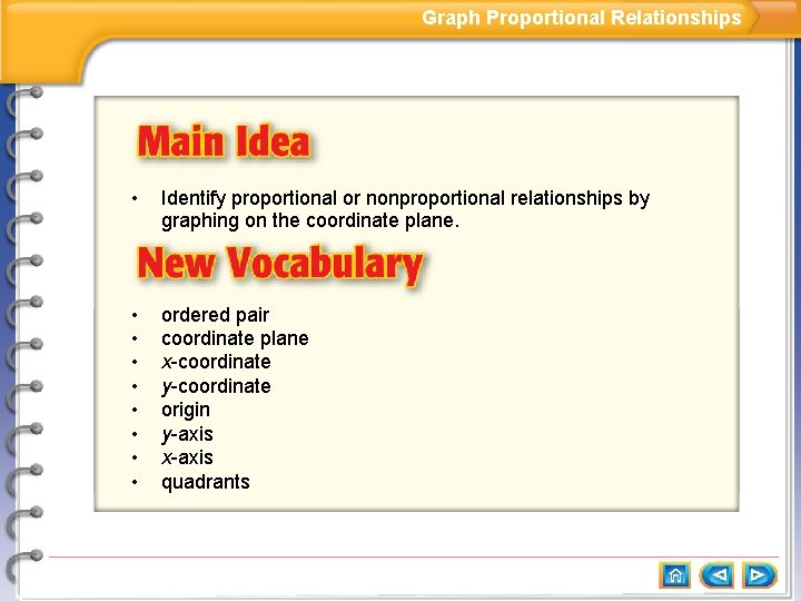 Graph Proportional Relationships • Identify proportional or nonproportional relationships by graphing on the coordinate