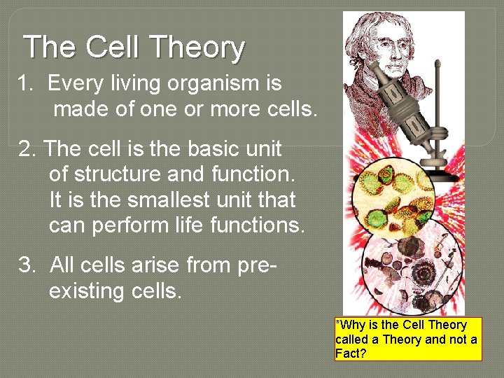 The Cell Theory 1. Every living organism is made of one or more cells.