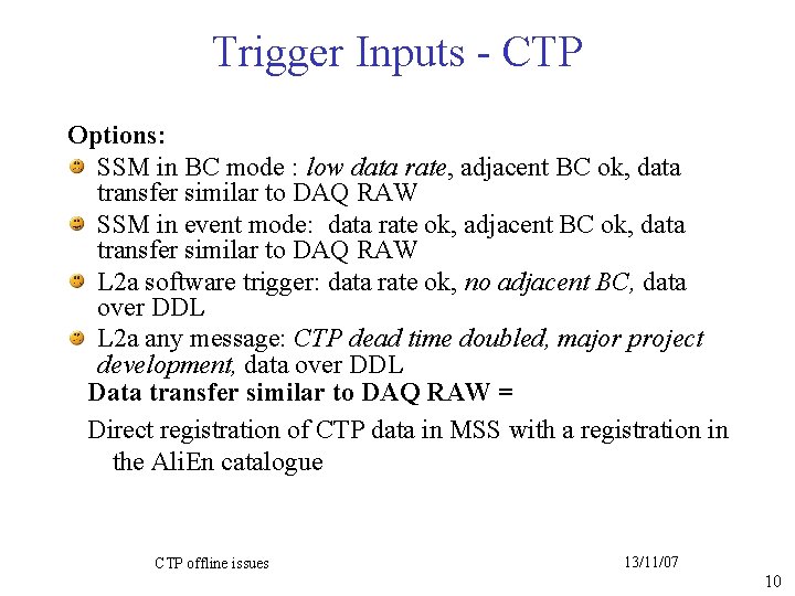 Trigger Inputs - CTP Options: SSM in BC mode : low data rate, adjacent