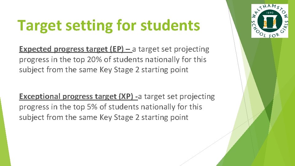 Target setting for students Expected progress target (EP) – a target set projecting progress