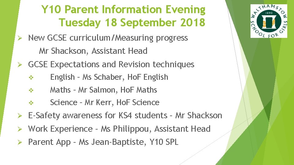 Y 10 Parent Information Evening Tuesday 18 September 2018 Ø New GCSE curriculum/Measuring progress