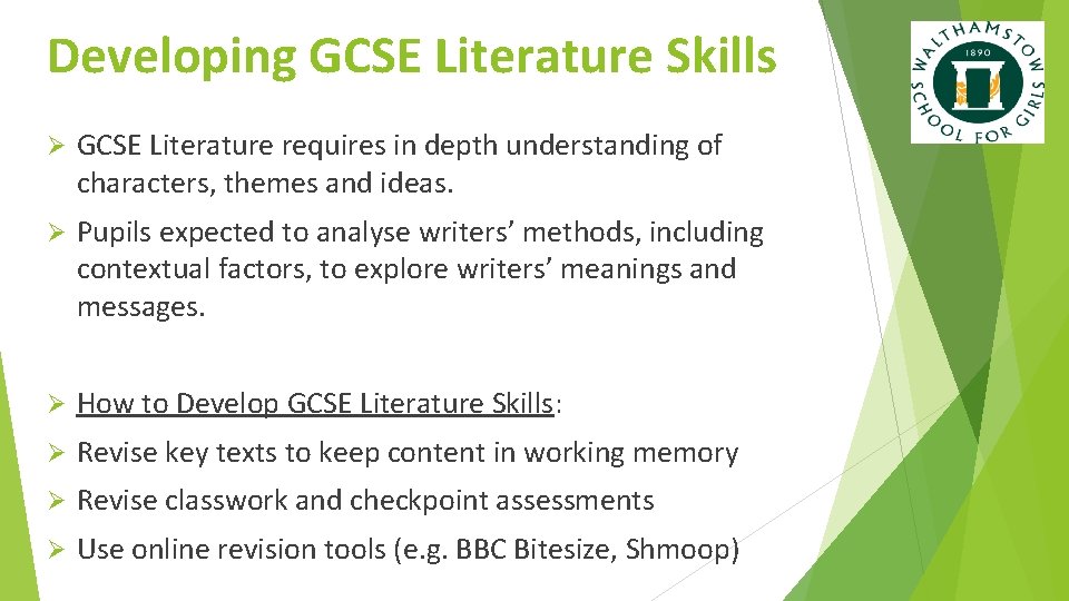 Developing GCSE Literature Skills Ø GCSE Literature requires in depth understanding of characters, themes