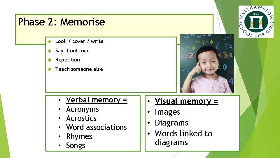 Phase 2: Memorise Look / cover / write Say it out loud Repetition Teach