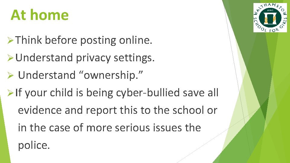 At home Ø Think before posting online. Ø Understand privacy settings. Understand “ownership. ”