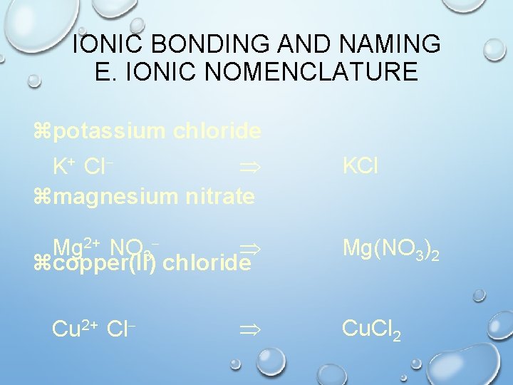 IONIC BONDING AND NAMING E. IONIC NOMENCLATURE zpotassium chloride K+ Clzmagnesium nitrate KCl Mg