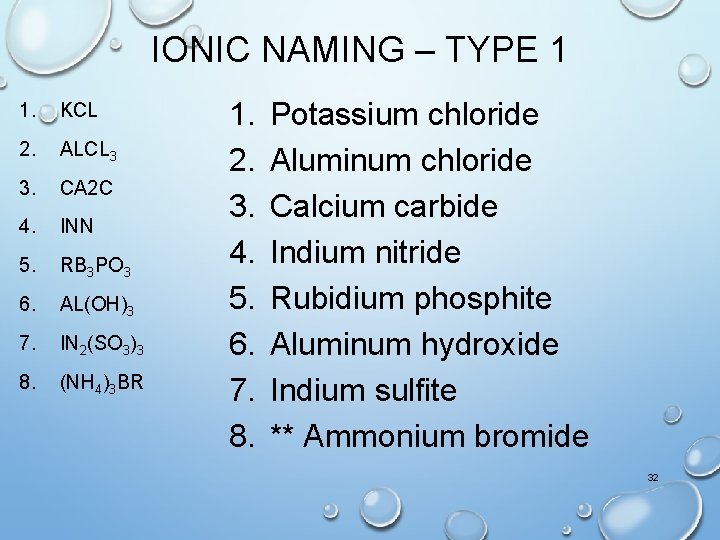 IONIC NAMING – TYPE 1 1. KCL 2. ALCL 3 3. CA 2 C