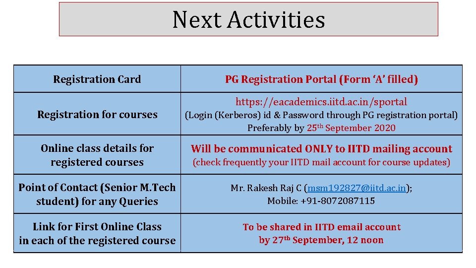 Next Activities Registration Card PG Registration Portal (Form ‘A’ filled) https: //eacademics. iitd. ac.