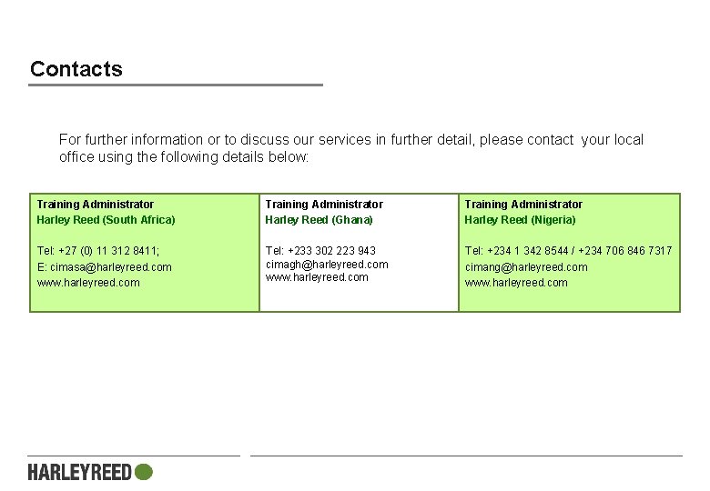 Contacts For further information or to discuss our services in further detail, please contact