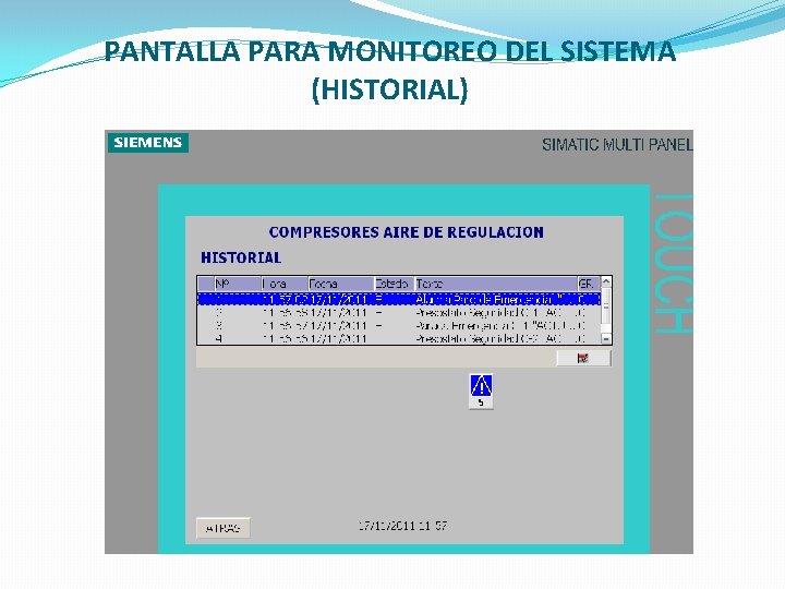 PANTALLA PARA MONITOREO DEL SISTEMA (HISTORIAL) 