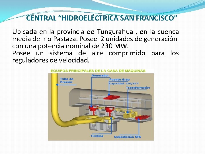 CENTRAL “HIDROELÉCTRICA SAN FRANCISCO” Ubicada en la provincia de Tungurahua , en la cuenca