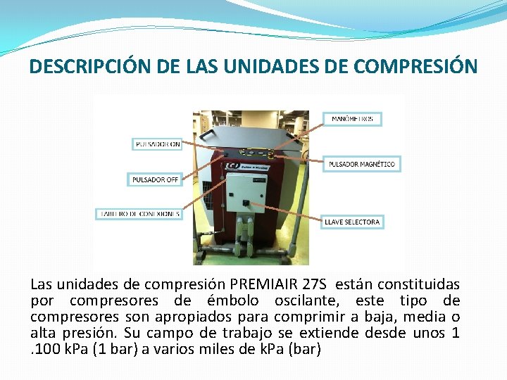 DESCRIPCIÓN DE LAS UNIDADES DE COMPRESIÓN Las unidades de compresión PREMIAIR 27 S están